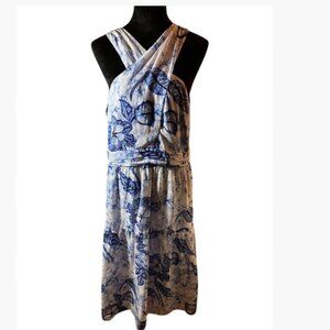 White House Black Market Blue White Clip Dot Halter BoHo Midi Dress Size 14 EUC